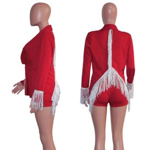 New OL đi làm màu rắn dài tay áo Tua Tua rua áo khoác + quần short phù hợp với phụ nữ quần Set hai mảnh quần áo phụ nữ - Product Image 6