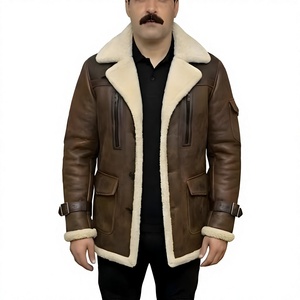 Genuine Sheepskin Leather <b>Shearling</b> Fur B3 <b>Bomber</b> <b>Jacket</b> Vintage Winter Long Coat with Sherpa Lining OEM Available - Product Image 1