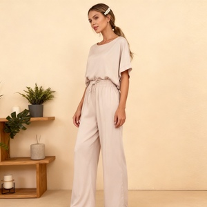 Women's Solid-Color Crew Neck Short-Sleeve Top With <b>Tie</b>-Waist Pants 2-Piece Set Fashion - Product Image 4