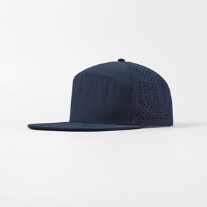 Casquette Snapback personnalisée en gros, 6 panneaux, visière plate, bleu marine, imperméable, structurée, logo brodé 3D, maille perforée au laser - Product Image 6