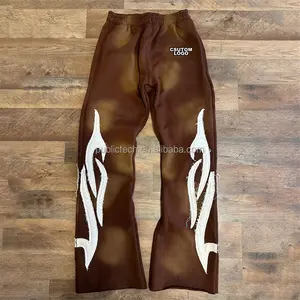 Calça de moletom vintage para homens, calça folgada com bordado e apliques pesados, roupa de rua personalizada para homens, lavagem com ácido e moletom