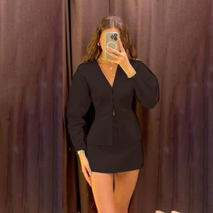 American Vintage <b>Brown</b> Knit Two Piece Set Women Waist Cinched Buttoned Short <b>Cardigan</b> and Slim Fit Bodycon Mini Skirt Set - Product Image 3