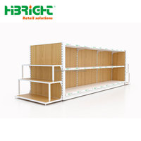 Présentoir promotionnel double face robuste en bois et métal pour supermarché, personnalisable, avec bac de présentation