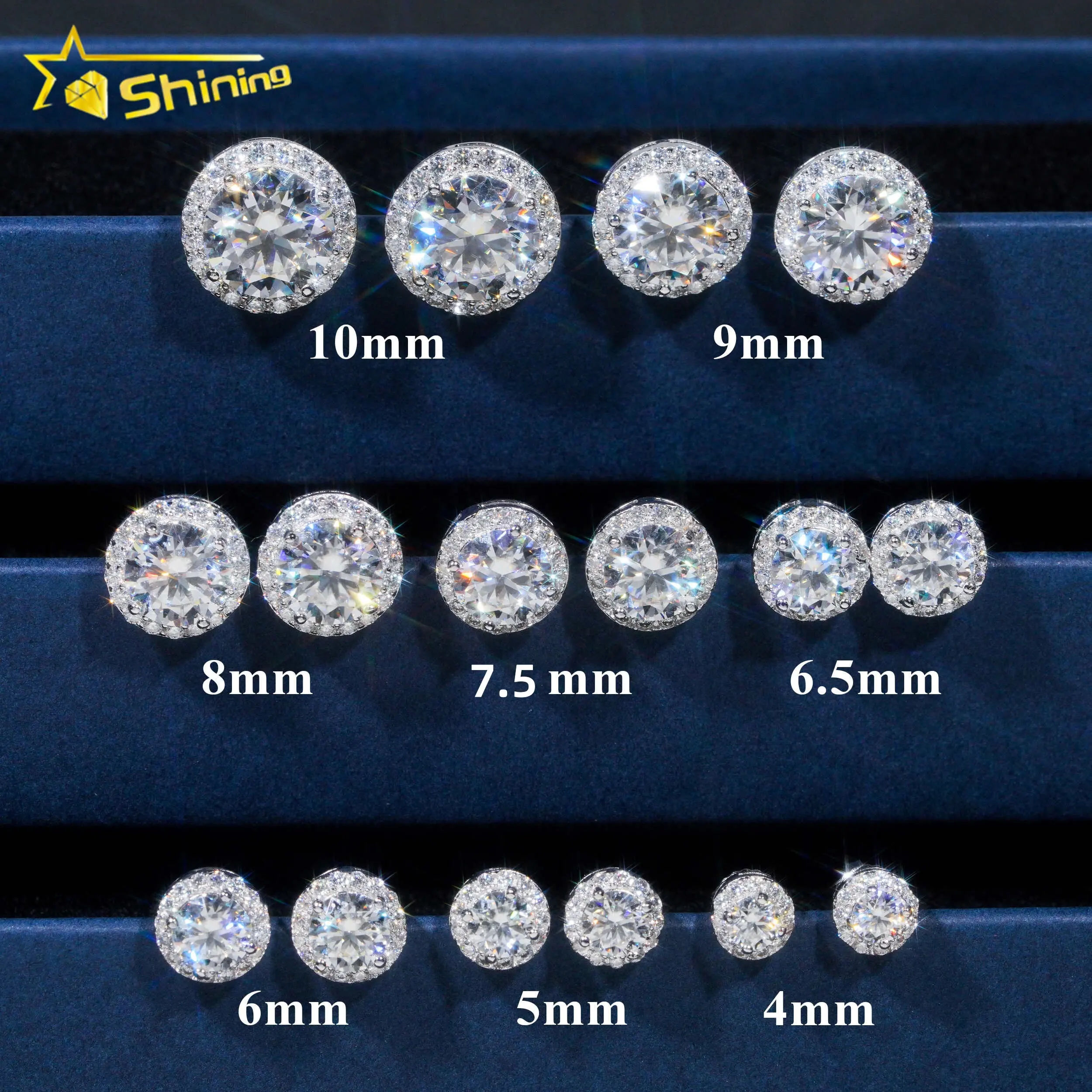 Venta caliente estilo Hip Hop 6,5 MM 8MM 9MM 925 Plata Halo diseño Moissanite diamante Stud pendientes