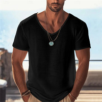 Nouveau T-shirt Homme Grande Taille Américain et Européen, Vintage, Couleur Unie, Fin, Respirant, Col en V, Coupe Ample, Manches Courtes