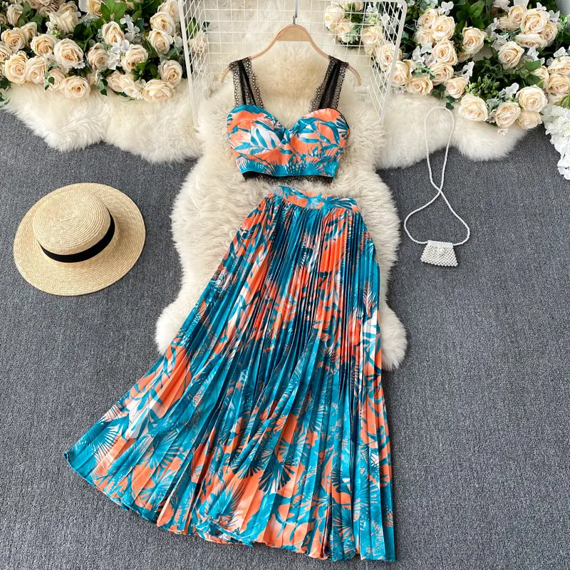 Bohemian style High Waist Pleated Skirt Women Summer Maxi Skirt Sets Summer Two Piece Set Women Clothing