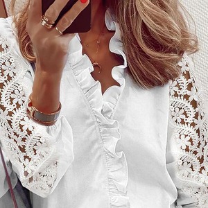 Blusa de Mujer de Color Sólido con Volantes y Manga Larga de Encaje Blanco para Ir al Trabajo - Product Image 1