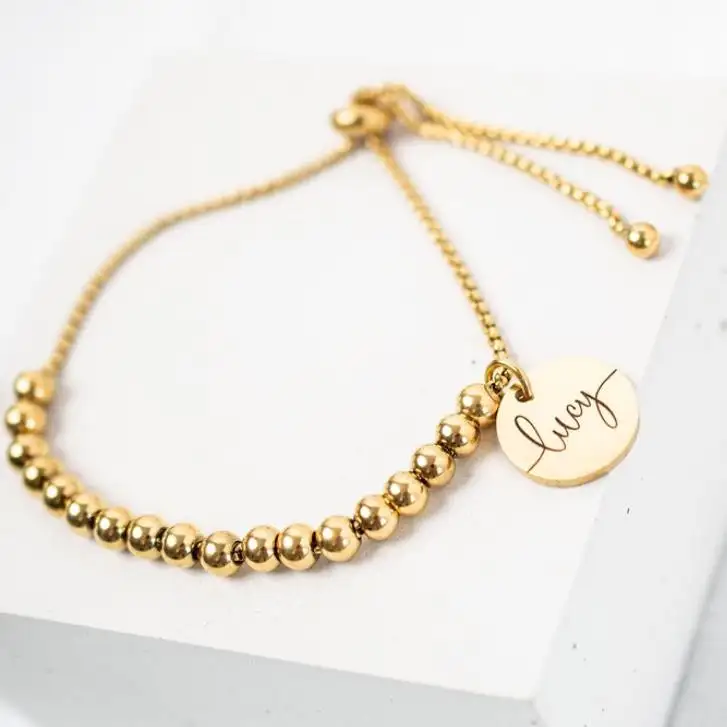 Tarnish free gold plated stainless steel beads bracelet with custom Engrave disc charm slider beaded bracelet women jewelry