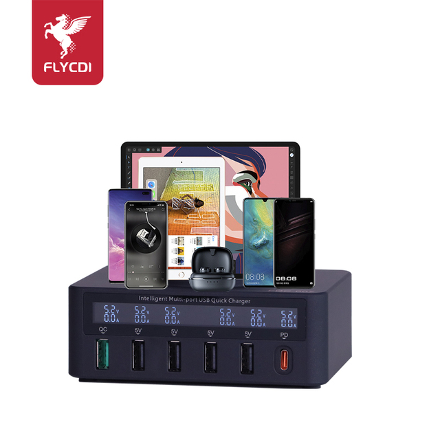 FLYCDI 65W 6-Port USB PD QC3.0 Fast Charger with LCD Display for Laptop Mobile Devices-Portable Multi-Function Charging Station