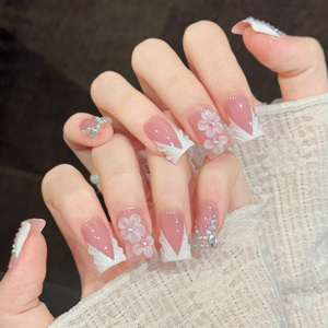 Ongles à presser Design <span class=keywords><strong>K2</strong></span> de luxe rose et blanc, faits main, en acrylique de haute qualité, avec strass français et fleurs 3D en gel, faux ongles. - Product Image 2