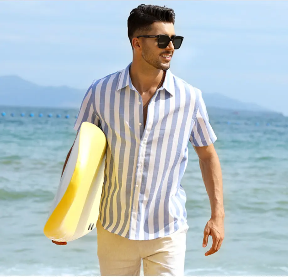 Custom Men's Casual Stylish Short Sleeve Button-Up Striped Dress Shirts Cotton Shirts