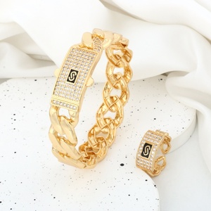 NYH chapado en oro grueso <span class=keywords><strong>Miami</strong></span> cubano enlace pulsera y anillo conjunto moda Hip Hop brillante circón joyería para hombres y mujeres - Product Image 4