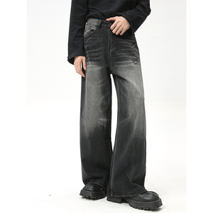 Wholesale Mens <strong>Denim</strong> Stacked Jeans Pant Loose Straight Leg Black Washed Wide-leg Floor-length Baggy Jeans For Men