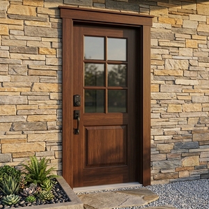 Puerta de Entrada Principal de Madera Sólida de Nogal Oscuro con Panel de Vidrio de 6 Paneles Estilo Americano con Cerradura Inteligente - Product Image 6