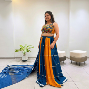 Blue Orange Indian Pakistani Set Embroidered Beaded Rayon Quick Dry Crop <b>Top</b> Pleated <b>Lehenga</b> Costume for Festival Wedding - Product Image 1