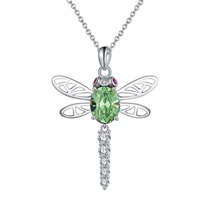 SWN21 RINNTIN Animal Series Fashion Dragonfly Shaped Pendant Silver Chain Prong Green Crystal Pendant Necklace for Women
