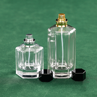 Emballage en verre transparent vide en gros, 50 ml, 100 ml, flacon de parfum en verre hexagonal rechargeable avec vaporisateur et couvercle
