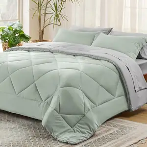 Green Queen Bedding Suit 7 Piece Double Sided Bedding Suit Grey Green Bed Bag Large with Quilt