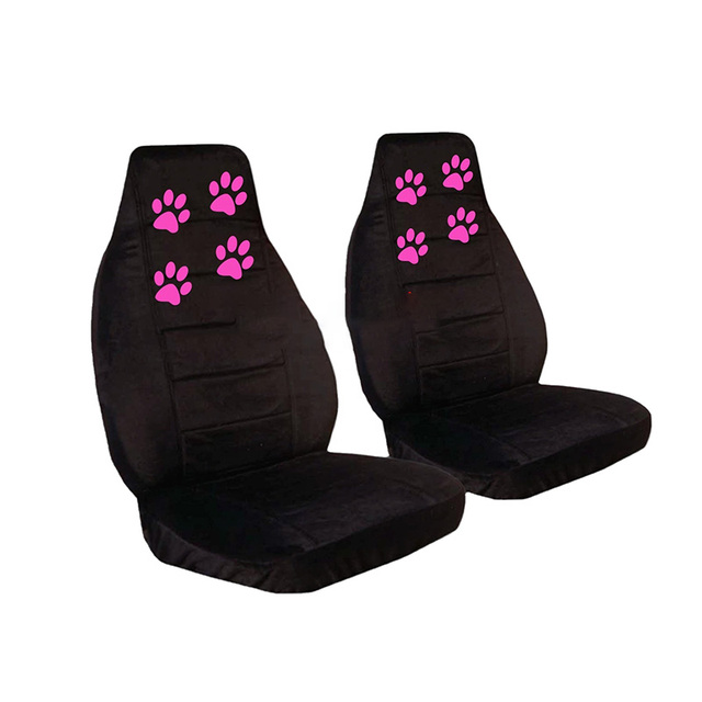 2 Black Car Seat Covers With Hot pink Paw Prints for a 2009 Chevy Cobalt. Airbag Friendly