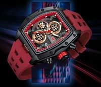 Jam Tangan Pria Tonneau Quartz Chronograph Multi Dial Tampilan Kalender Efek Hollow Tali Silikon
