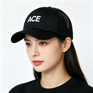 Casquette Trucker en Maille Noire Personnalisée avec Logo ACE, Visière Courbe, 5 Panneaux, Unisexe, Polyester, Partie Avant en Maille Respirante, Dos Ajustable - Product Image 1