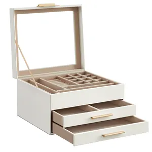 SONGMICS लक्जरी Mdf लकड़ी के गहने भंडारण बॉक्स के साथ 3-परत गहने आयोजक 2 दराज आभूषण बॉक्स कांच के ढक्कन के साथ