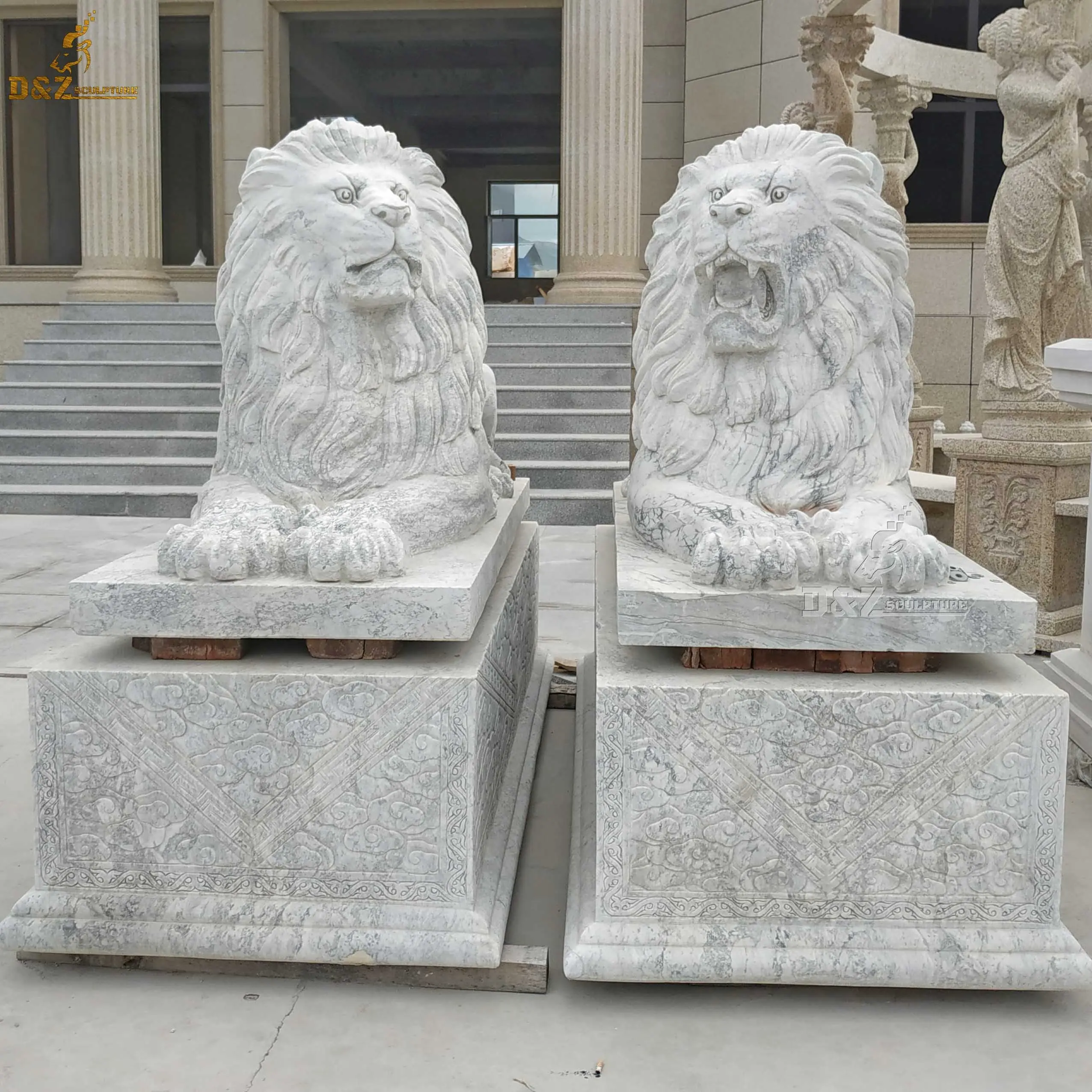 Резная вручную скульптура в западном стиле большого размера, садовое украшение, статуи льва из белого камня и мрамора