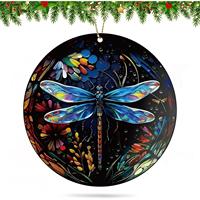 Ornement de Noël suspendu en acrylique 2D, motif libellule gravé au laser, attrape-soleil floral pour fenêtre et mur de la maison