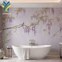 Papier peint mural personnalisé avec motif de fleurs de glycine, décoration murale, papier peint paysager vintage, revêtement mural