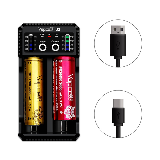 Universel Vapcell U2 USB Charger 2 Slot Bay Charging for 18650 21700 Li Ion Pcb and Button Top Battery