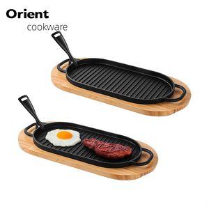 Plaque <span class=keywords><strong>rectangulaire</strong></span> multifonctionnelle en fonte antiadhésive avec base en bois - Product Image 4