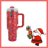 Gobelet isotherme de Noël imprimé de 40 oz avec poignée et couvercle à paille, double paroi sous vide, réutilisable, vente en gros