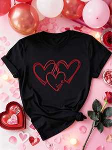 T-Shirt da Donna con Stampa a Cuori, Manica Corta, Collo Tondo, Casual, 100% Cotone, Regalo per San Valentino, Alla Moda ed Elegante - Product Image 3