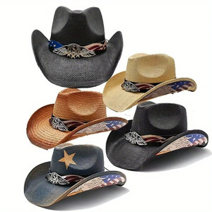 Nouveau chapeau de cowboy/cowgirl western à large bord imprimé, essentiel pour hommes et femmes, en paille tressée, idéal pour les aventures en plein air - Product Image 1