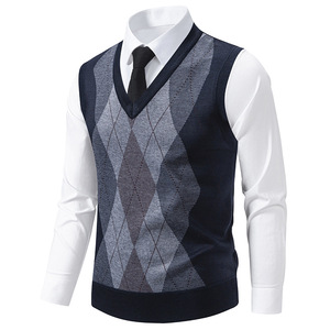 Autumn Winter Classic V Neck Sleeveless Casual Slim Fit Pullover Knitted Sweater <strong>Mens</strong> Argyle Knitwear Vest Tops - Product Image 2