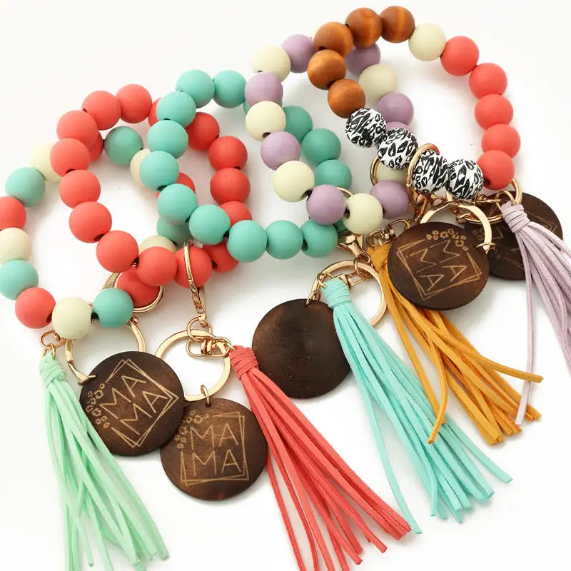 Personalized silicone beaded bracelet tassel 12 Colors wristlet key chain key ring bangle wristlet keychain