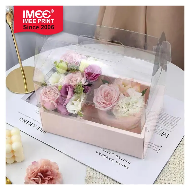 IMEE Wedding Valentine's Day Birthday Party Pvc Gift Clear Transparent Clear Cake Box Rose Flower Packaging Box With Handle