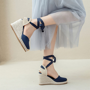 New Arrival Womens <strong>Navy</strong> Linen <strong>Wedge</strong> <strong>Espadrilles</strong> Closed Toe Lace Up Ankle Wrap Woven Straw V Cut Sandals Casual Summer Footwear - Product Image 4