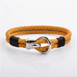 Exquisita joyería de 20cm para hombre, pulsera de cuero de cordón amarillo con cierre de acero inoxidable