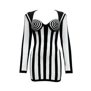 <span class=keywords><strong>Vestito</strong></span> elegante da donna con fasciatura a righe bianche nere da donna a manica lunga Mini abiti da festa per celebrità - Product Image 4