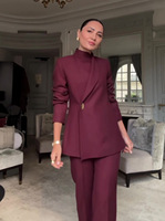 Ensemble professionnel élégant pour femme : veste à col montant et pantalon large de couleur unie – Collection automne