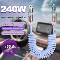 Cable de Carga Universal Rápido 4 en 1 de 240 W, CarPlay Carlife, Diseño de Resorte Retráctil, Cable de Datos y Carga USB-C/USB-A/Tipo C