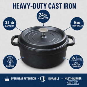ZES Promotion : Marmite en fonte 24 cm avec couvercle, 4 L, pour cuisson à l'huile végétale, casserole à soupe pour cuisinière à gaz et à induction, <span class=keywords><strong>faitout</strong></span> sain - Product Image 4
