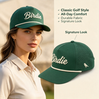 Casquette de golf vintage verte à visière plate, logo brodé en relief 3D couleur crème, ajustable, perforations découpées au laser, séchage rapide, casquette snapback