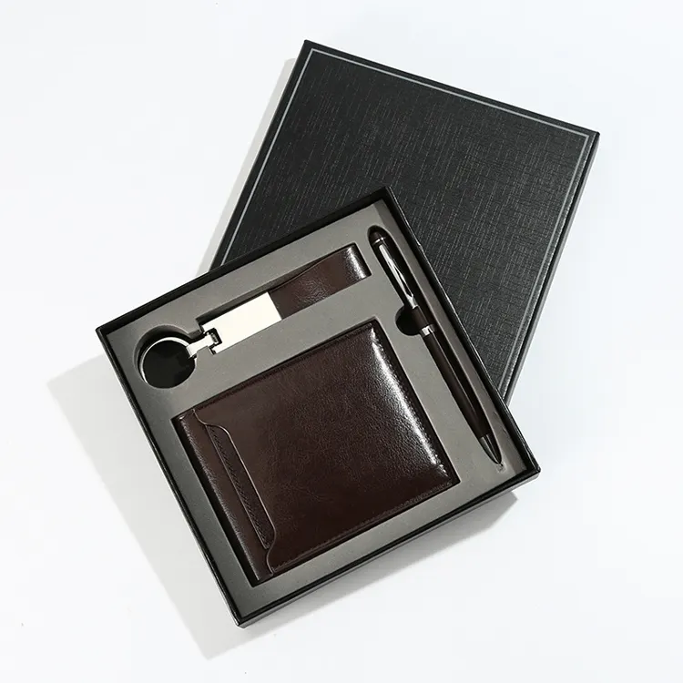 luxury designer men's leather wallet money pocket with keychain and pen wallet set