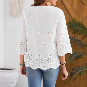 White V-Neck Bohemian Embroidered Blouse Three Quarter <b>Flutter</b> <b>Sleeve</b> Loose Fit Cotton Women's <b>Top</b> Spring Summer Casual Wear - Product Image 2