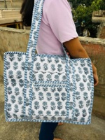 Tas Tote berlapis katun cetak blok India untuk wanita tas tangan besar rantai buka tutup untuk Perjalanan Ulang Tahun/hadiah Natal ide