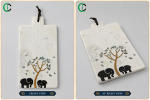 White Marble Cheese Board 30 Inches with Tree Elephant Inlay and <b>Leather</b> <b>Strip</b> Decorative Serving Tray for Kitchen Counter - Product Image 2