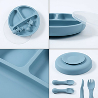 Ensemble de vaisselle pour enfants en bambou naturel et silicone avec assiette divisée à ventouse, bol, cuillère, fourchette, bavoir et ustensiles à logo personnalisé
