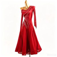 Robe de danse de salon rouge asymétrique à manches longues et strass pour femme, jupe ample, pour la danse de valse et les compétitions standard